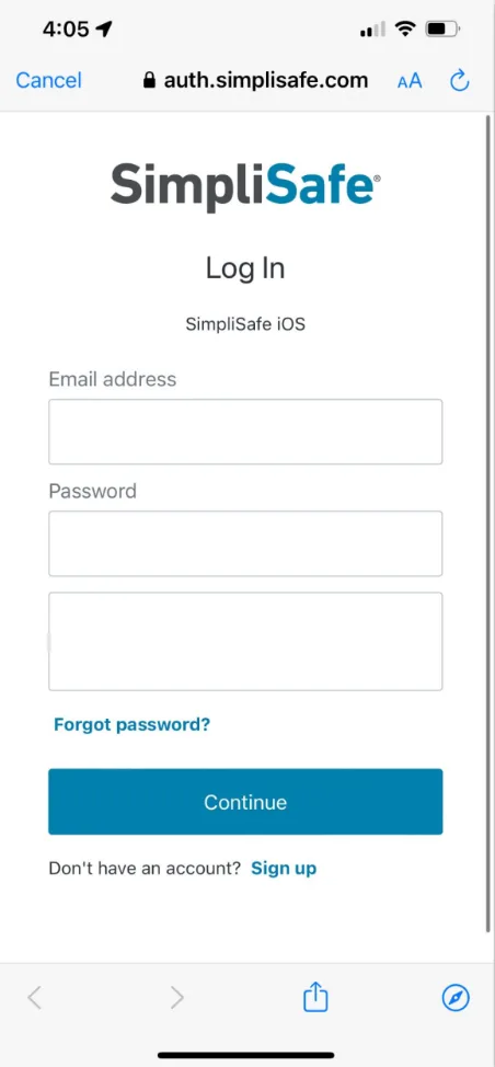 The login page of the SimpliSafe® mobile app featuring a white box underneath the password field