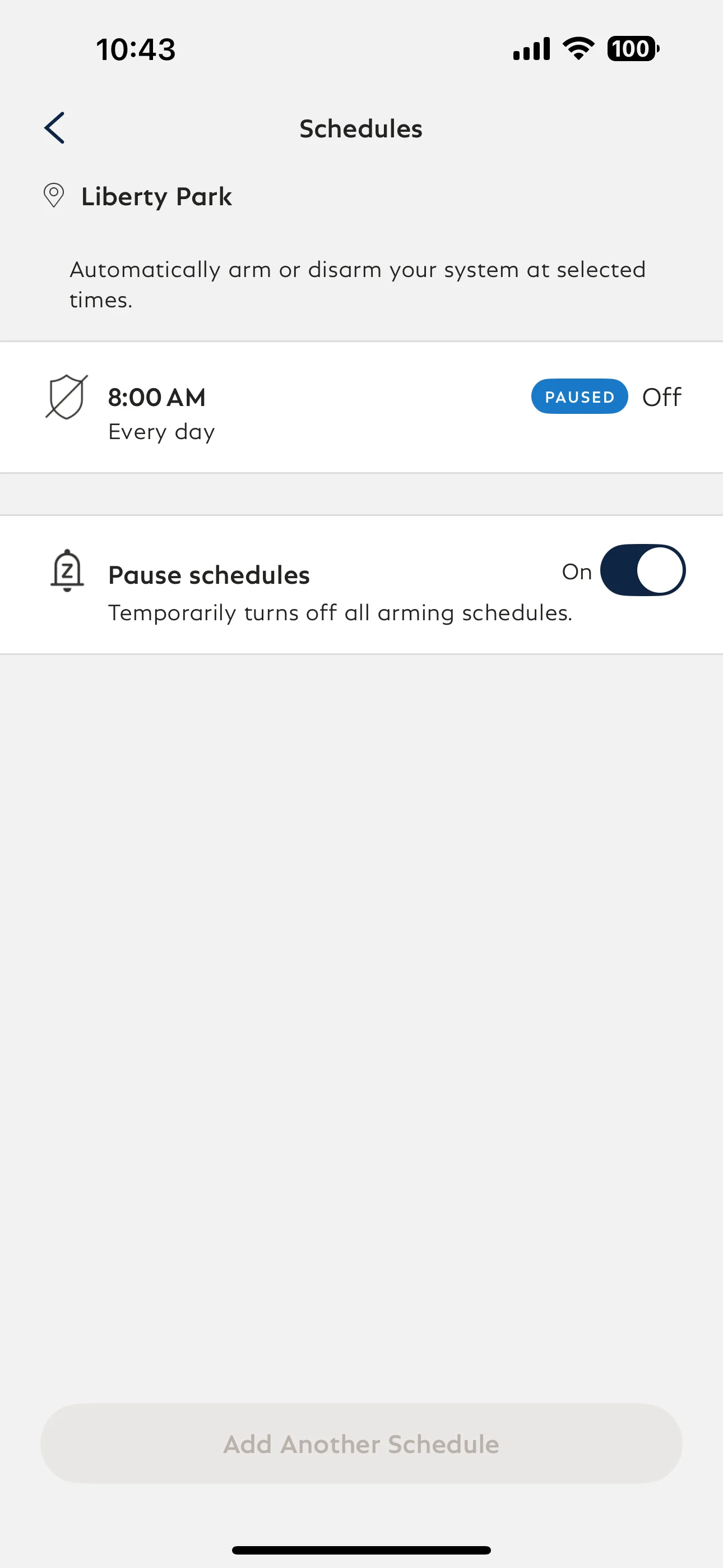 Paused Schedules toggled ON in the SimpliSafe® App. A blue banner appears next to an existing schedule that reads PAUSED.