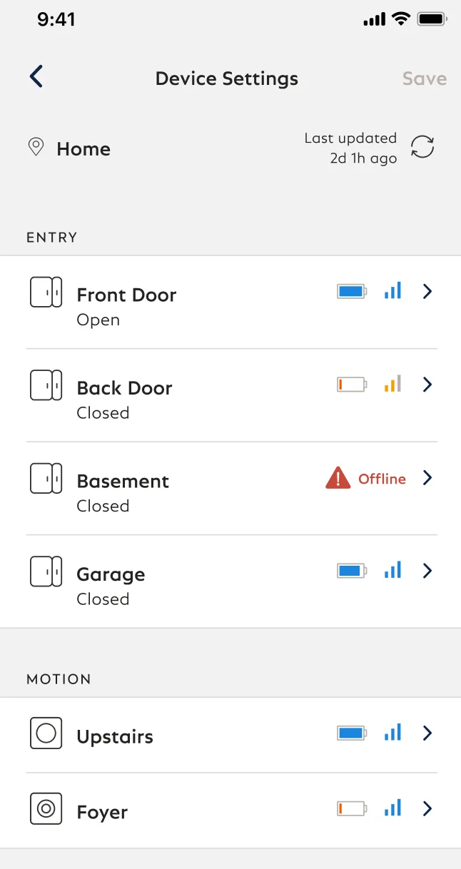 The Device Settings page in the SimpliSafe® App showing a variety of status indicators, such as good battery, low battery, and varying signal strengths.