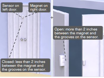 The Original SimpliSafe® Entry Sensor on a double door, where the sensor is on one door and the magnet is on the other door. When the door is closed, the sensor and magnet align.