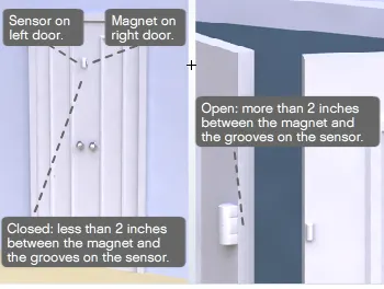 The Original SimpliSafe® Entry Sensor on a double door, where the sensor is on one door and the magnet is on the other door. When the door is closed, the sensor and magnet align.