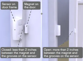 A diagram showing the Original SimpliSafe® Entry Sensor in a closed position, then an open one where the sensor and magnet are more than 2 inches apart.
