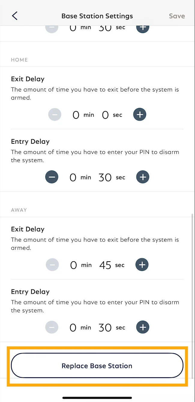 A screenshot of the Base Station Settings page in the SimpliSafe® Mobile App, with the Replace Base Station button highlighted.
