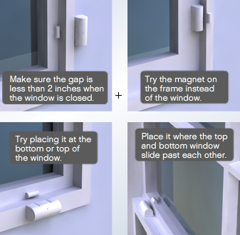 The Original SimpliSafe® Entry Sensor shown with various installation methods - with tips including that the sensor and magnet are always within 2 inches of each other when the door or window is closed.