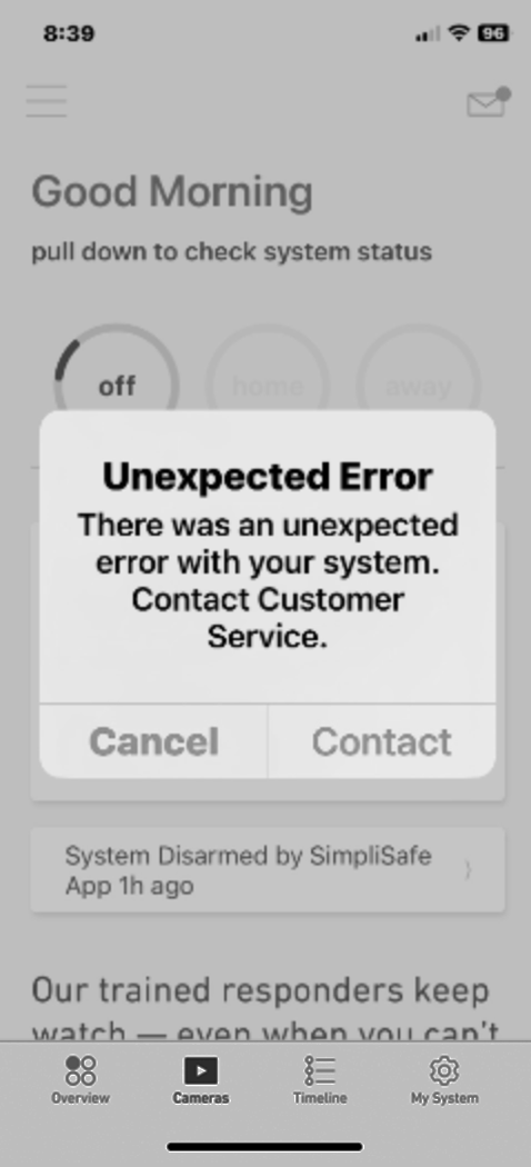 SimpliSafe® mobile app screen with "Unexpected Error" message displayed.