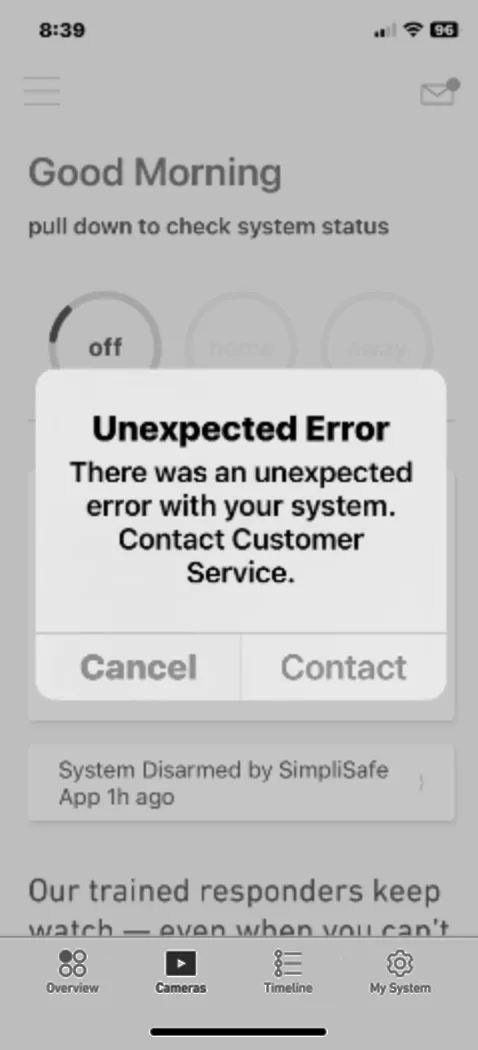 SimpliSafe® mobile app screen with "Unexpected Error" message displayed.