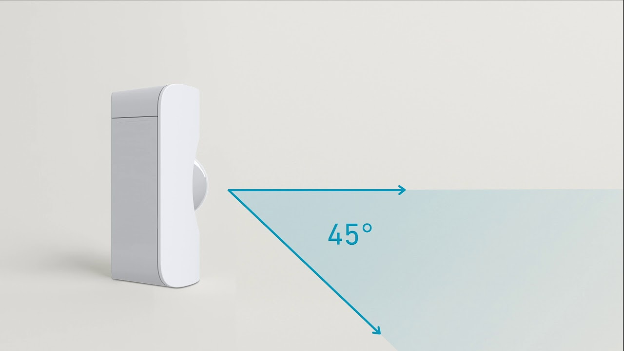 A motion sensor with arrows pointing straight out and down to create a 45-degree angle.