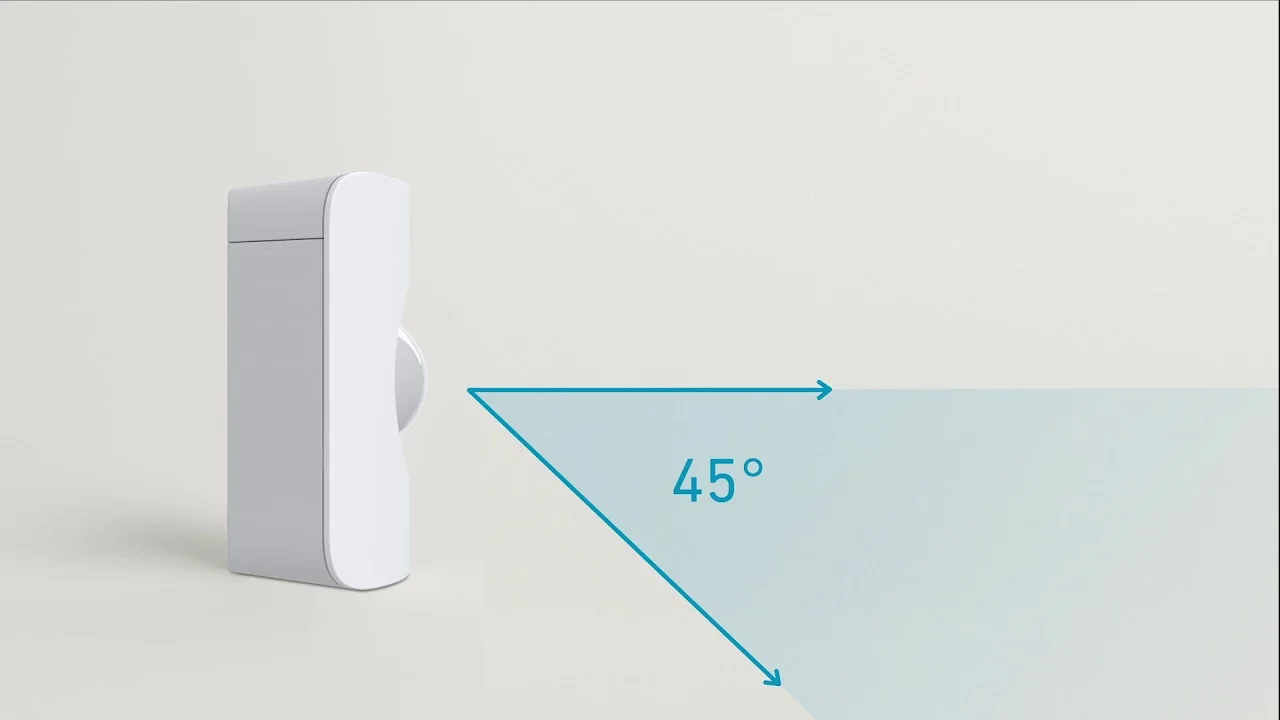 A motion sensor with arrows pointing straight out and down to create a 45-degree angle.