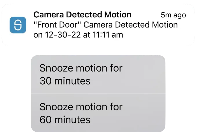 iOS snooze motion notification with snooze for 30 minutes and snooze for 60 minute options