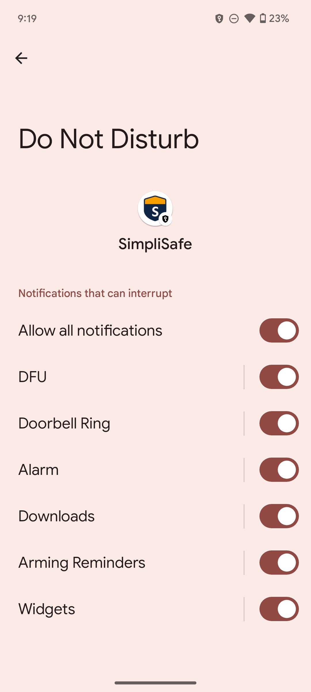 Do Not Disturb setting screen on Android device with Allow all notifications toggled on