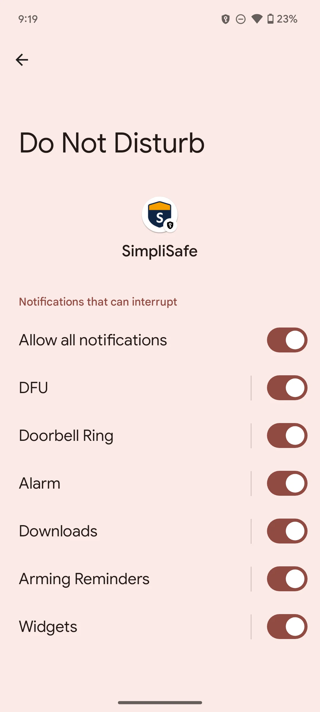 Do Not Disturb setting screen on Android device with Allow all notifications toggled on