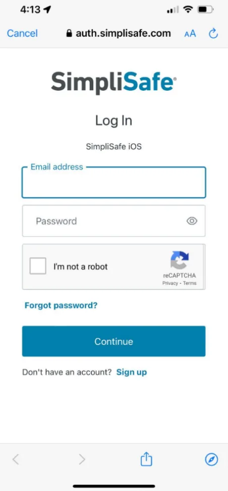 The login page of the SimpliSafe® mobile app featuring a reCAPTCHA verification tool underneath the password field