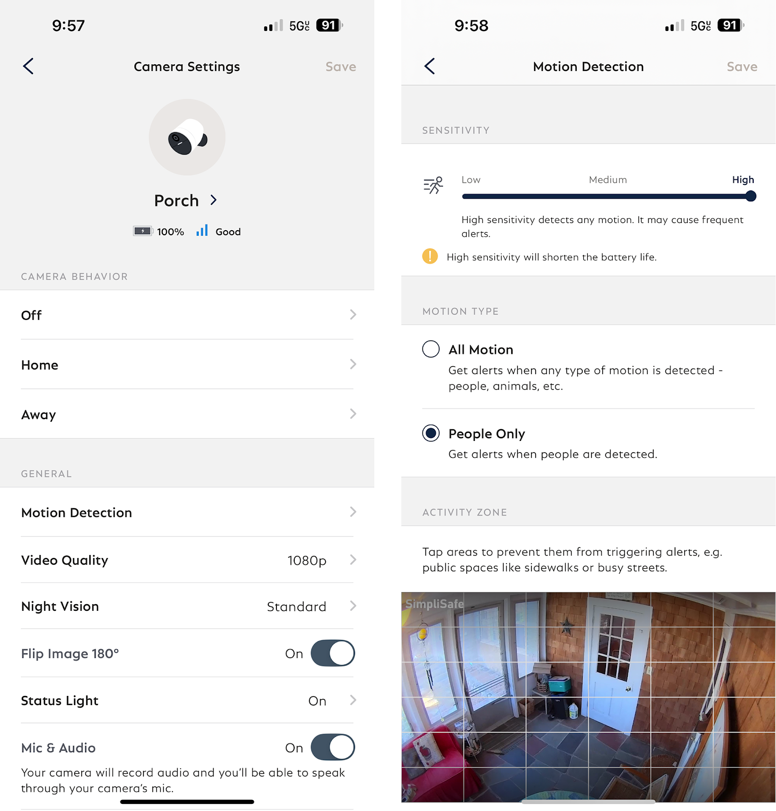 A screenshot of the Camera Settings and Motion Detection pages from within the SimpliSafe® Mobile App