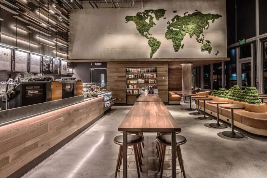 This brand new Starbucks uses LED lighting, recycled flooring tiles and wood products that are certified by the Forest Stewardship council. They are 25% more energy efficient and 30% more water efficient. Source: The Current Daily. 