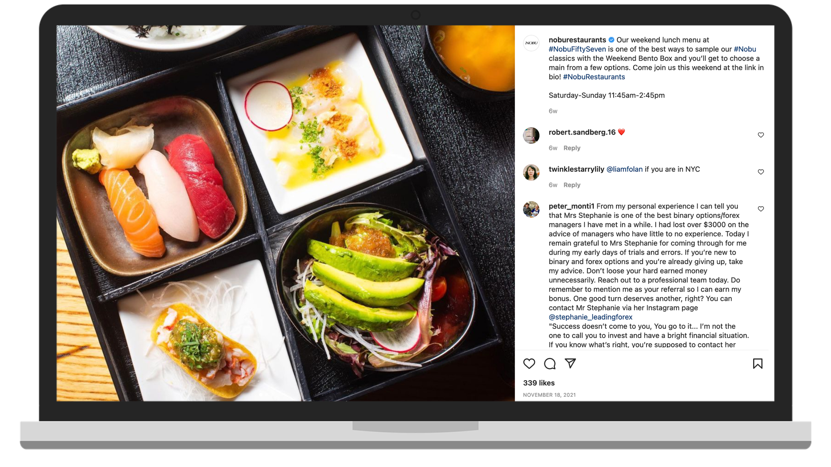 NOBU, an upscale sushi establishment frequented by celebrities, is one of the most “Instagrammed” restaurants. Source: @noburestaurants on Instagram, 2021