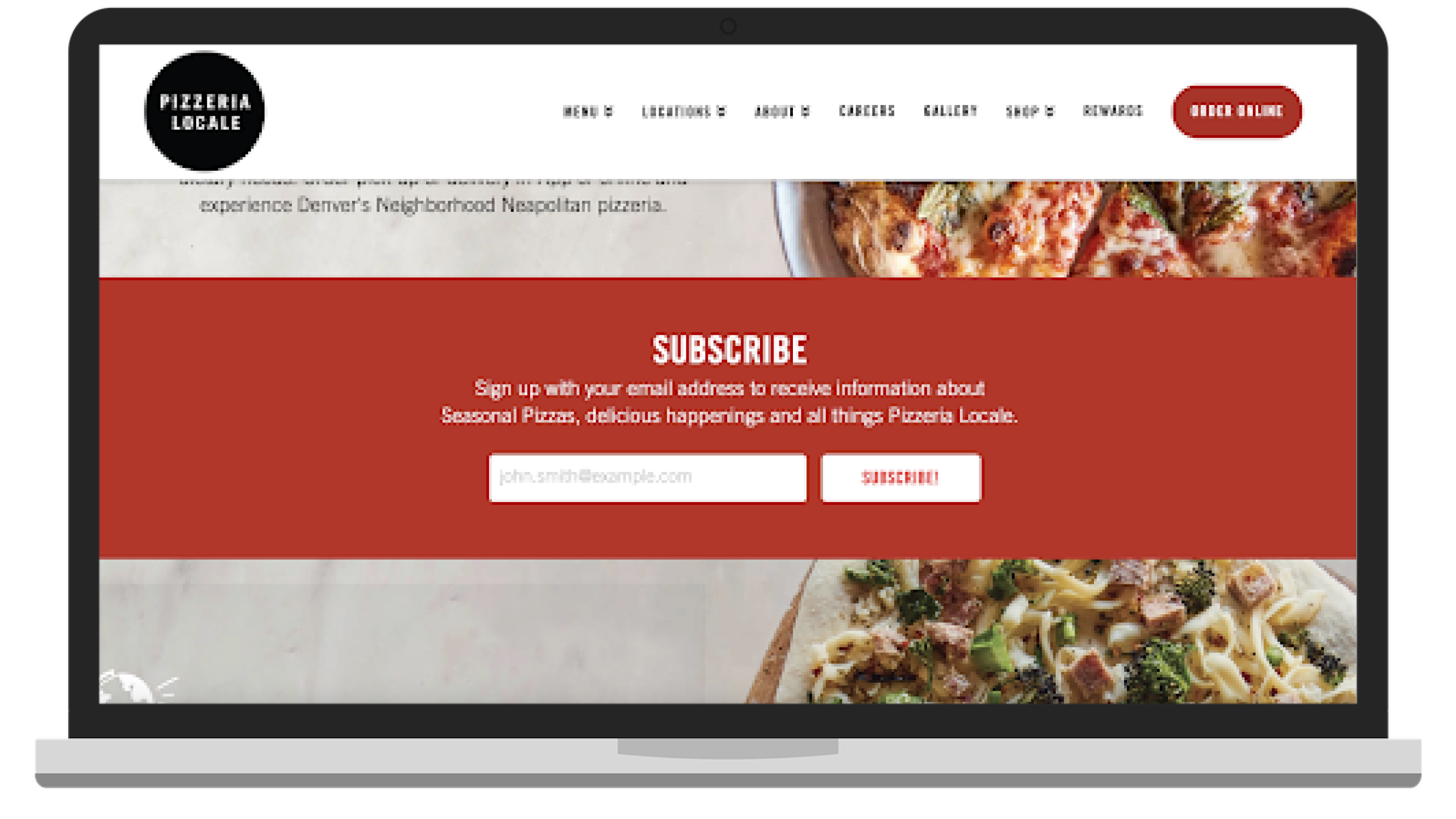 Example of Pizzeria Locale and their email subscription.