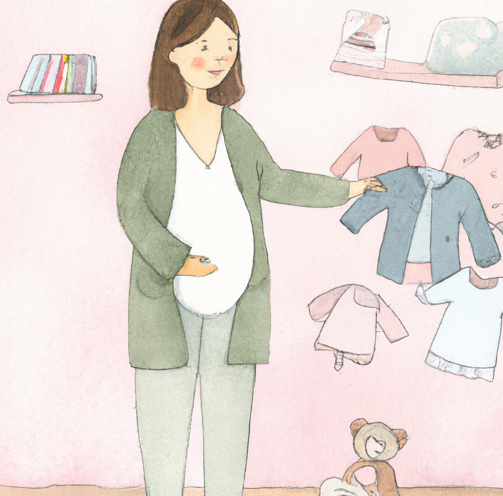 watercolor image of a pregnant woman organizing her baby’s nursery