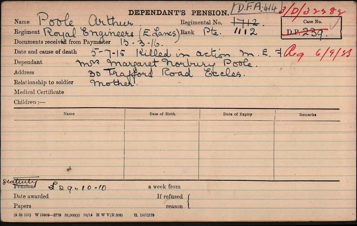 Dependant's pension record card for Private Arthur Poole, 1112, Royal Engineers
