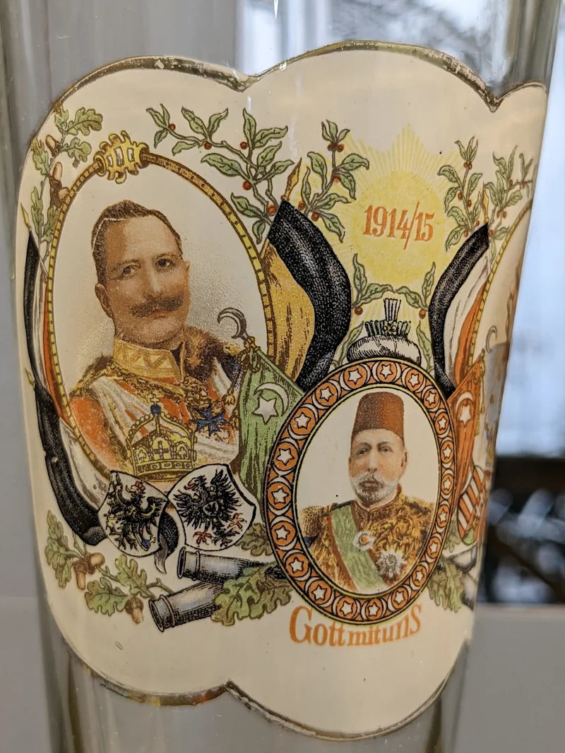A commemorative glass showing Wilhelm II and Sultan Mehmed V, dated 1914/15
