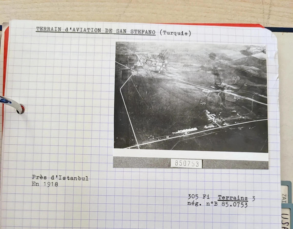 Aerial photograph of San Stefano airfield mounted on a sheet in an archive binder