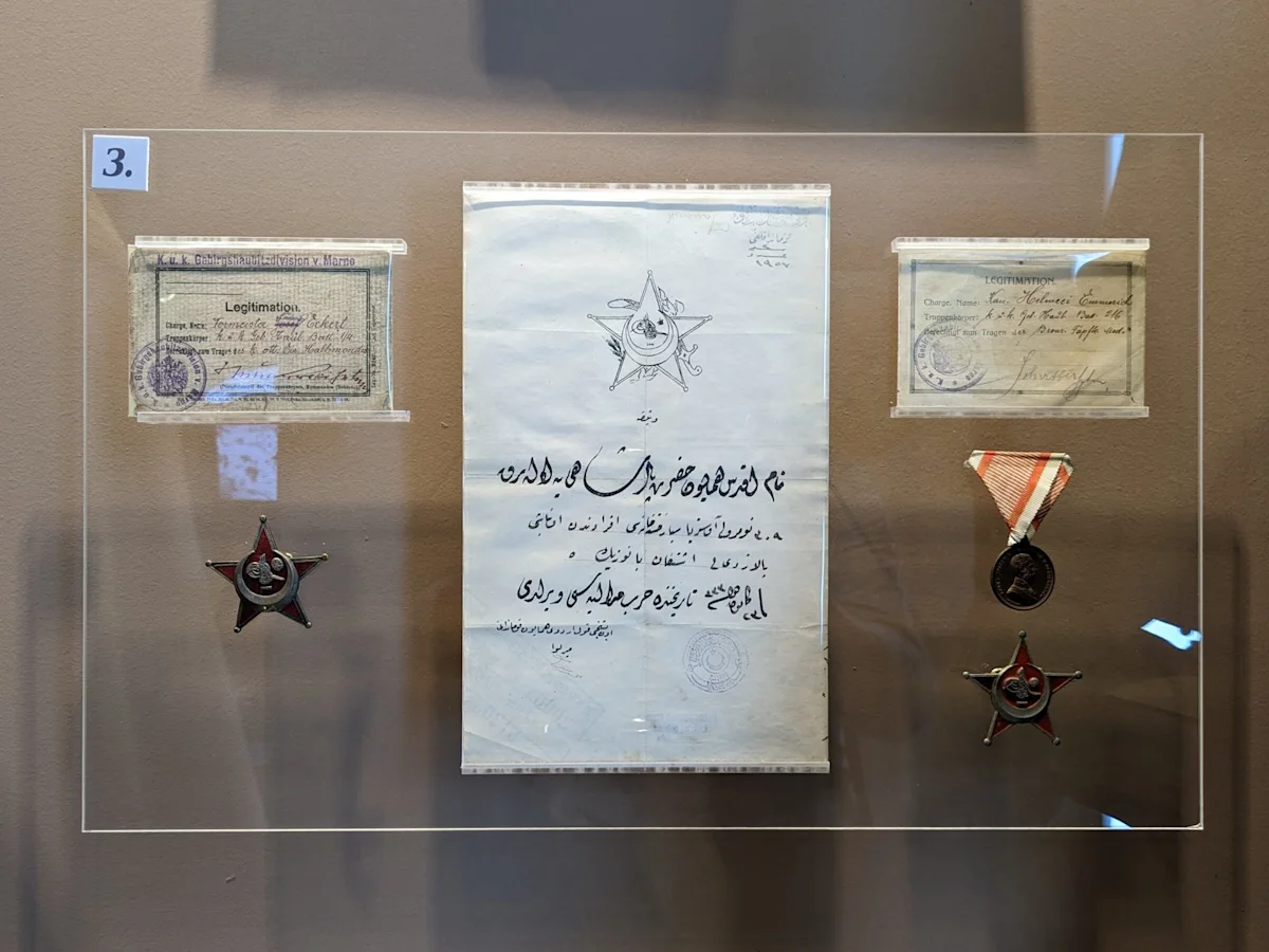Ottoman award certificates displayed with war medals, Military History Museum, Budapest