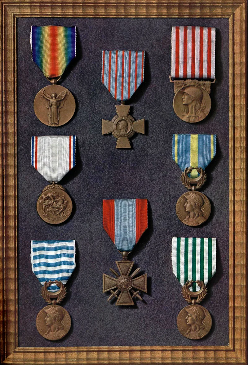 Colour photograph of eight French medals mounted in a frame, arranged in three columns, each with its ribbon.