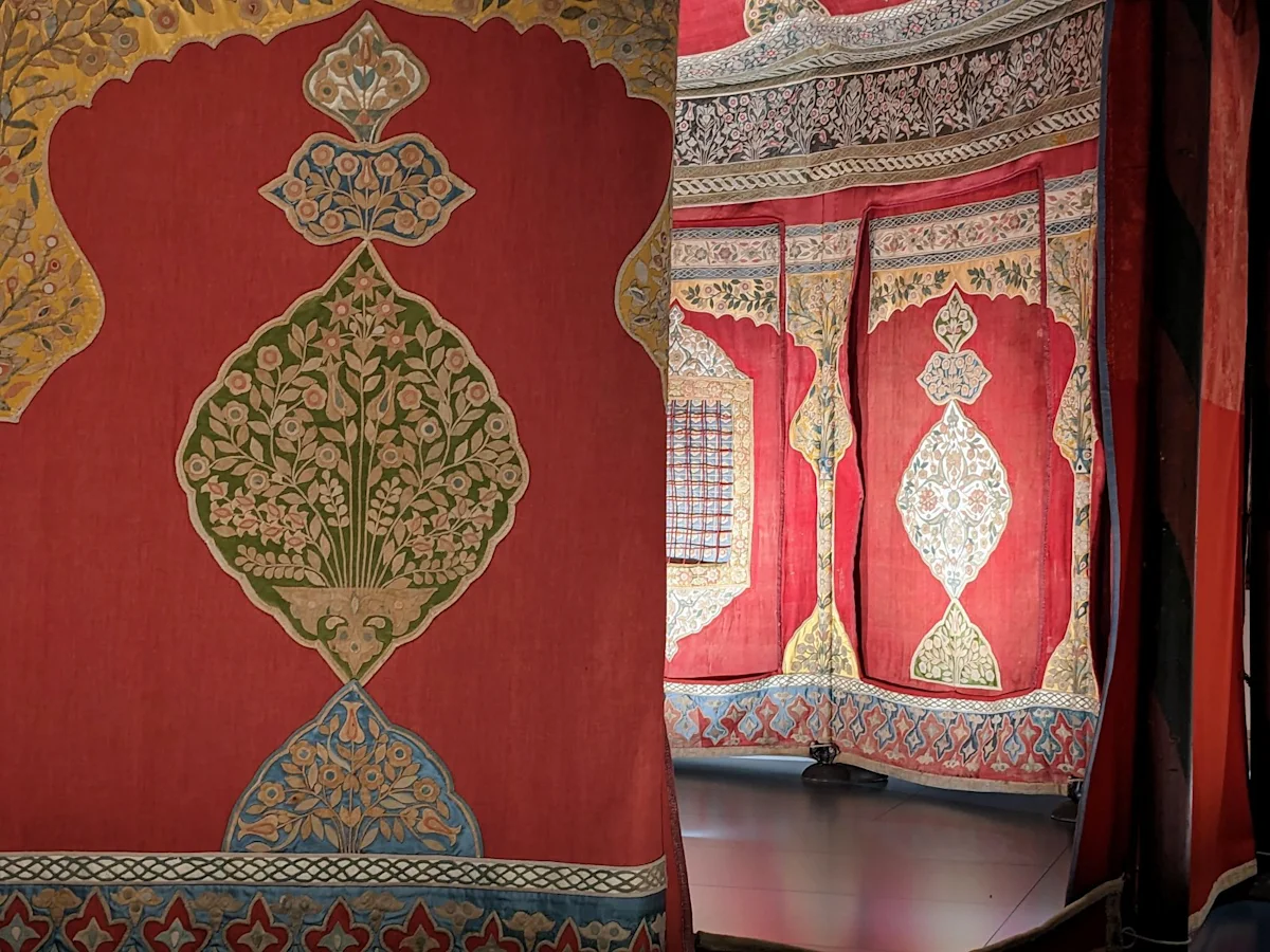 Interior of a red embroidered Ottoman tent