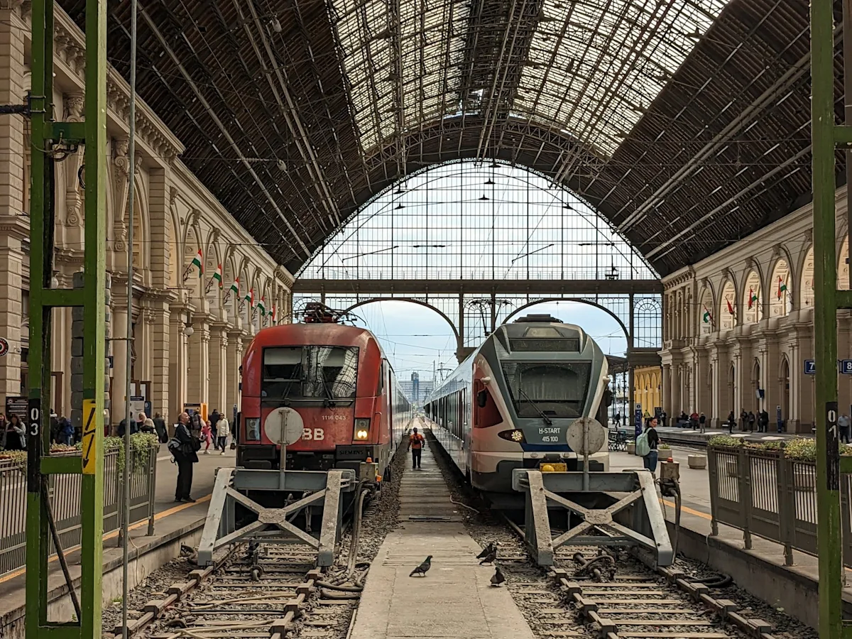 Trains under the iron train shed of Budapest Keleti station