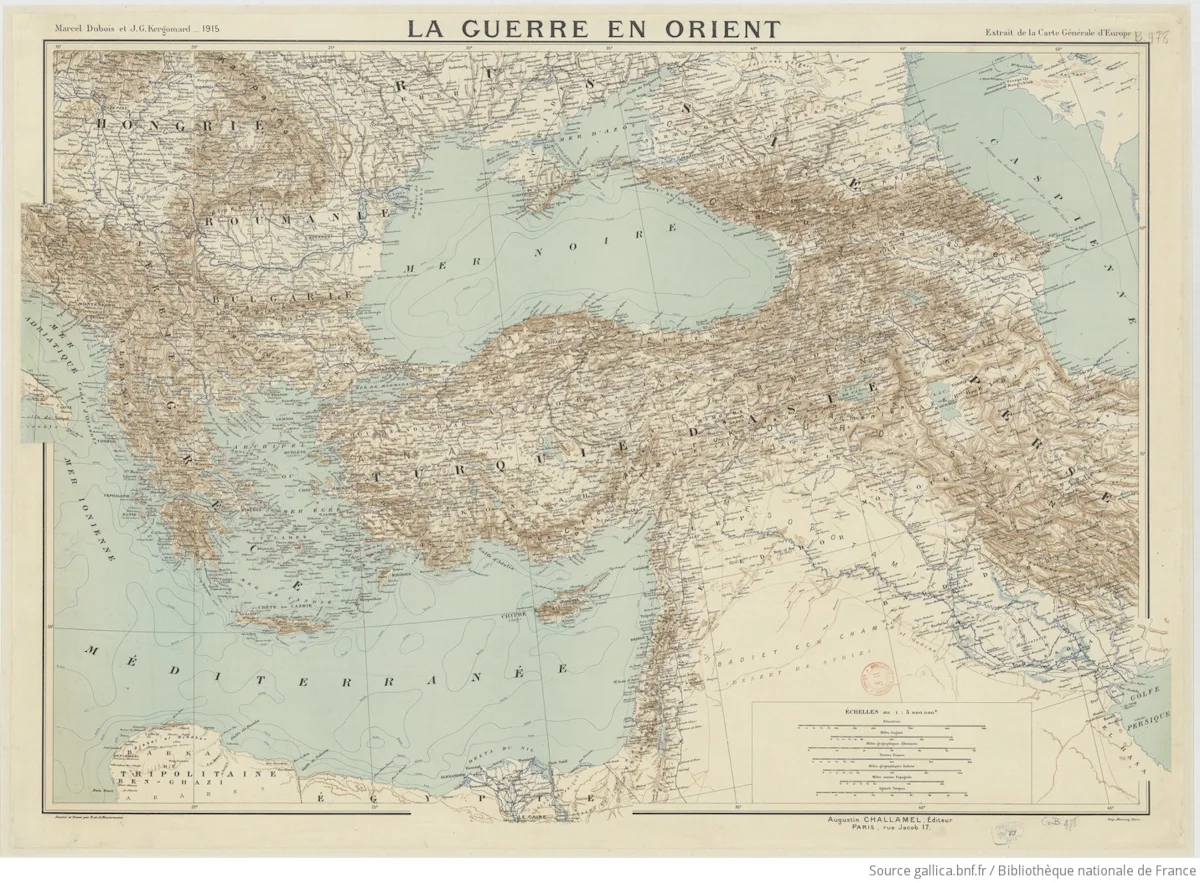 Coloured relief map of the eastern Mediterranean, Black Sea, Asia Minor and the Middle East, published in 1915.