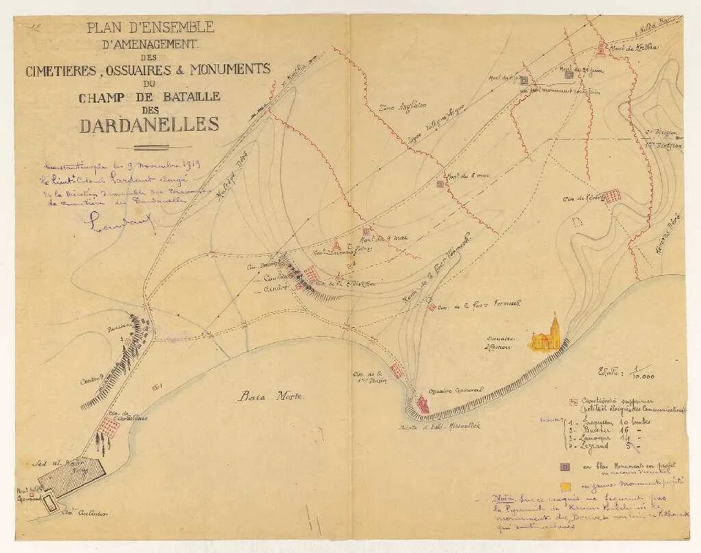 Hand-drawn plan of French cemeteries, ossuaries and monuments on the Dardanelles battlefield at Helles