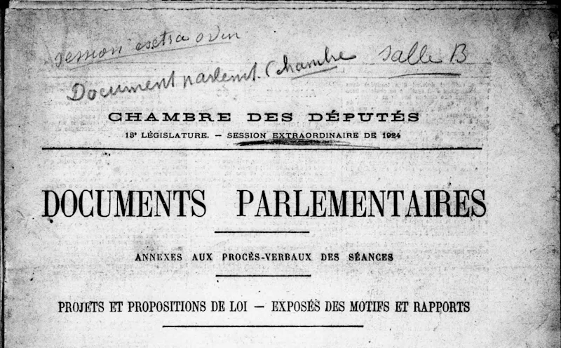 Title page of a printed volume reading Chambre des Députés, 13e législature, session extraordinaire de 1924, Documents parlementaires, with pencilled annotations at the top.