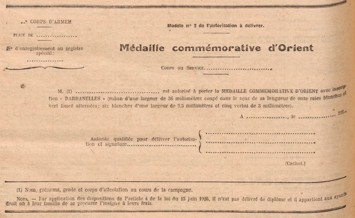 Printed French form headed Médaille commémorative d’Orient, with blank lines for the army corps, place, registration number, corps or service, and the holder’s name, above spaces for the date, signature and stamp.