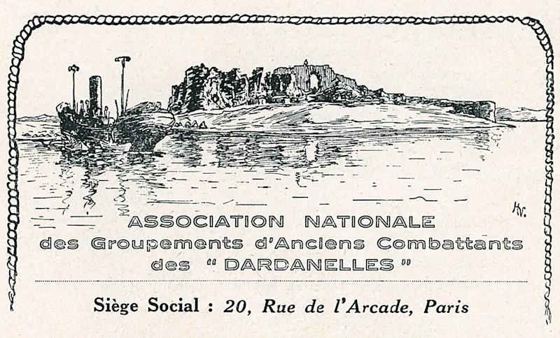 Printed letterhead with a pen and ink view of a ruined fort above a shoreline, a beached steamer at left, within a rope border, above the association’s name and Paris address.