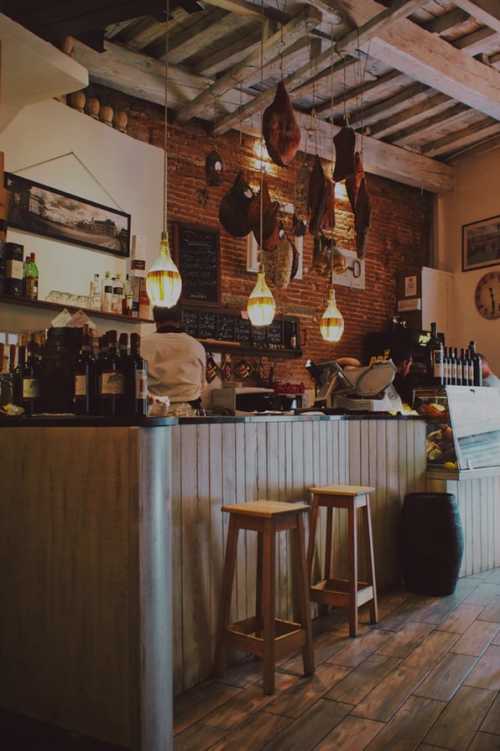 Bar with bar stools lined up in front of it