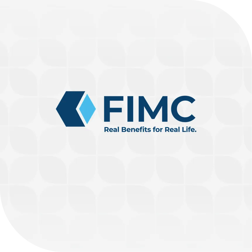 Logo of FIMC with a blue geometric icon next to the name. Below it reads "Real Benefits for Real Life." Set against a light patterned background.