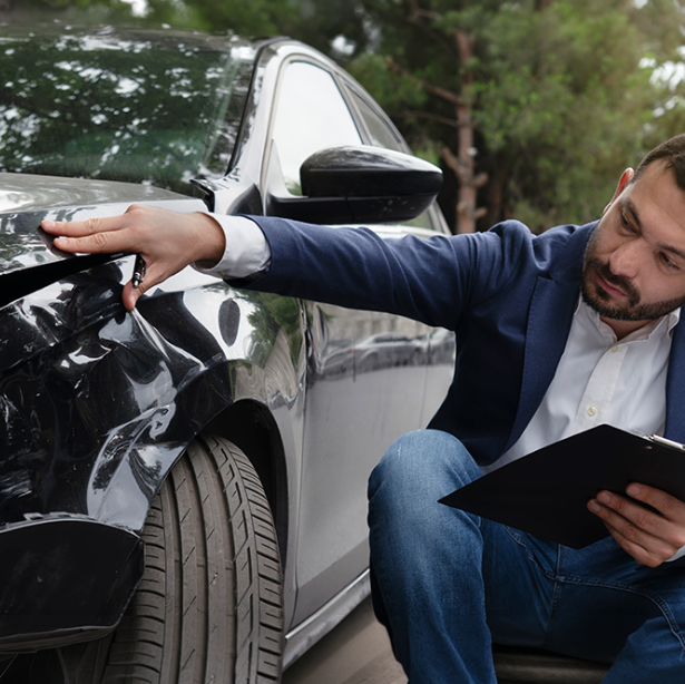 Man in a suit inspecting a car's front fender damage, holding a clipboard. The setting is outdoors, and the mood is focused and evaluative.
