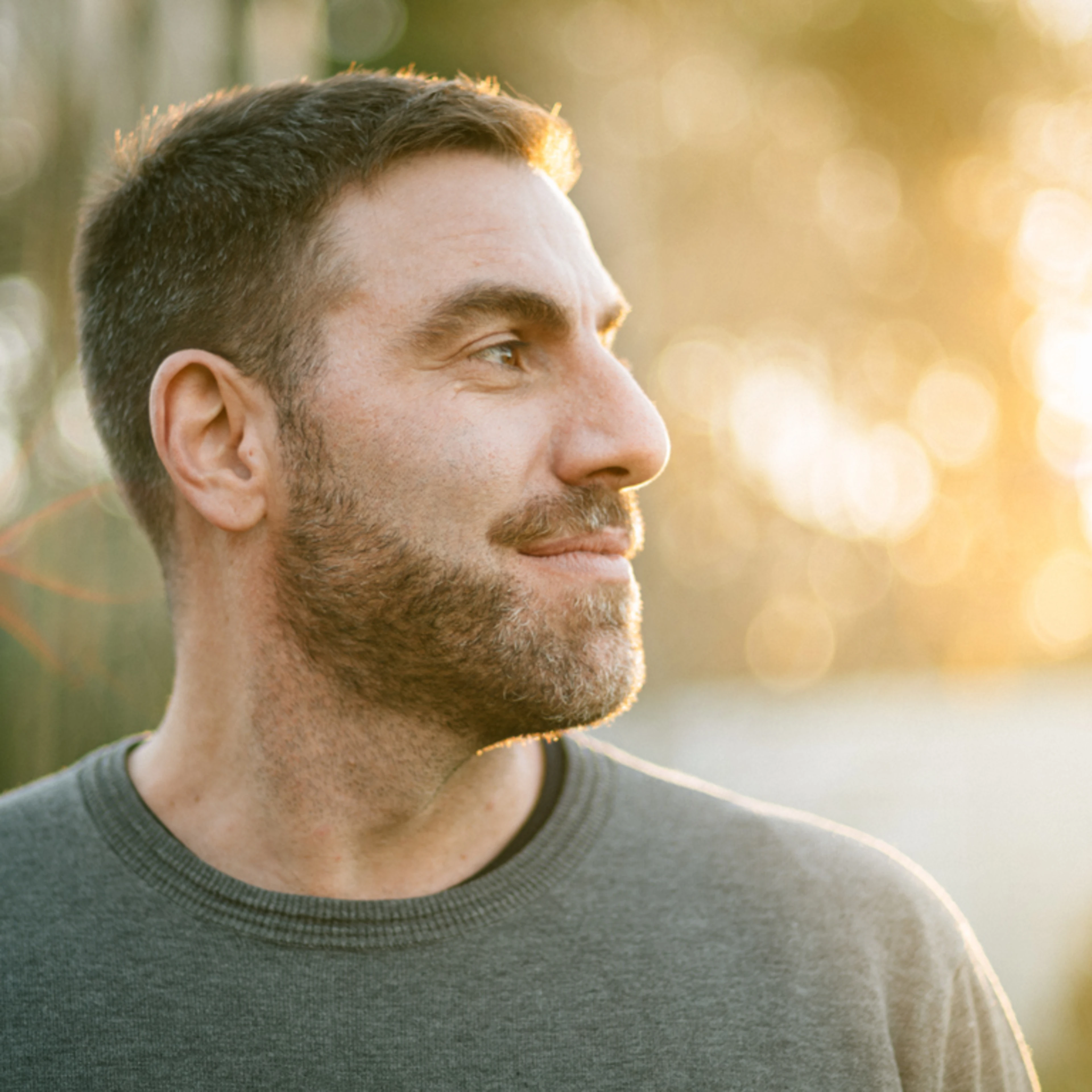 A man with a beard smiles slightly, looking to the right, in a sunlit garden. The warm evening sunlight creates a peaceful, contemplative mood.