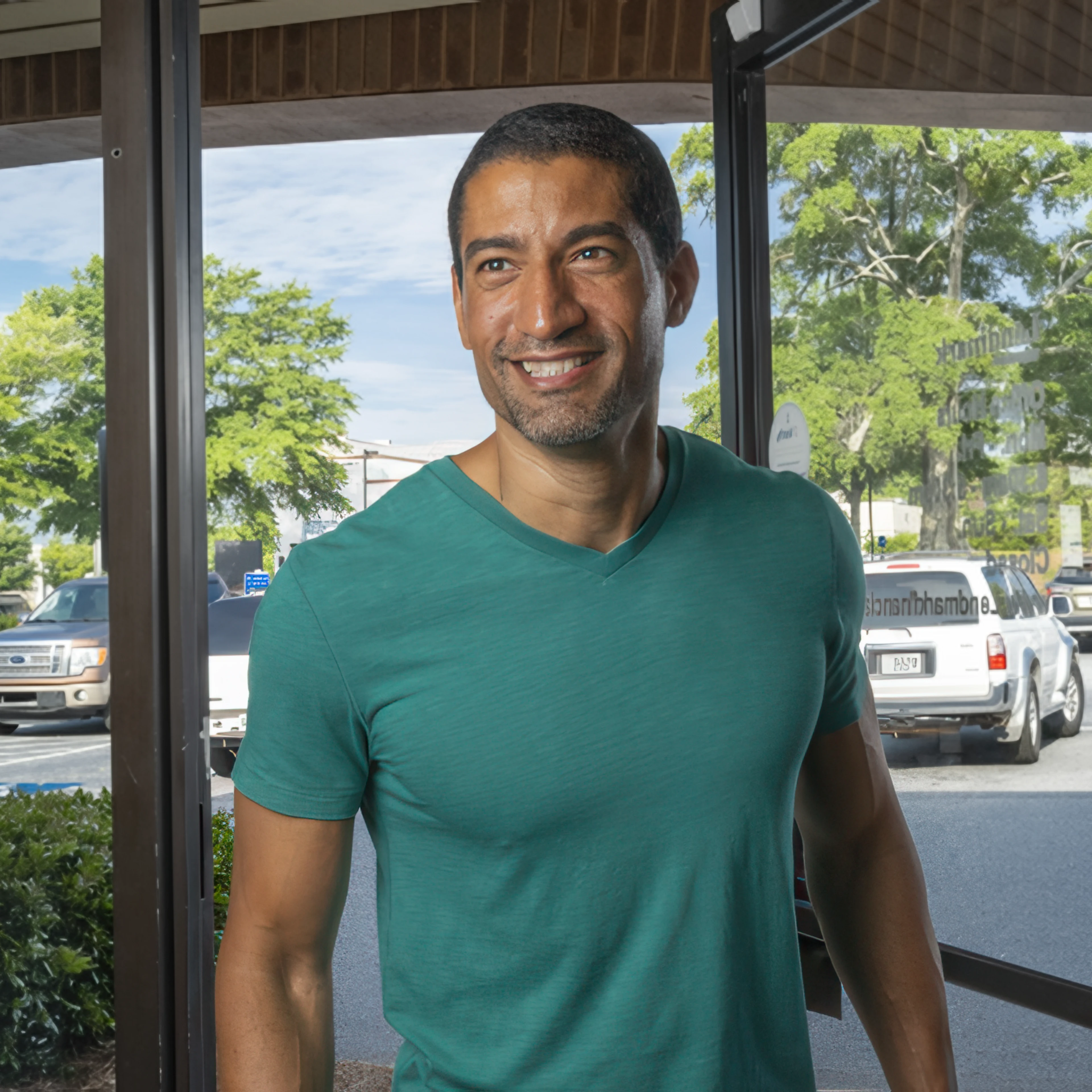A man wearing a teal T-shirt smiles warmly while entering a building. Glass doors and parked cars outside suggest a casual, sunny day.