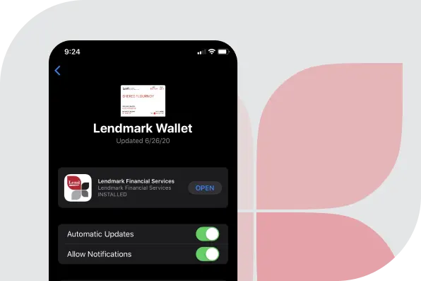 Smartphone screen showing the Lendmark Wallet app interface. Options for automatic updates and notifications are toggled on.
