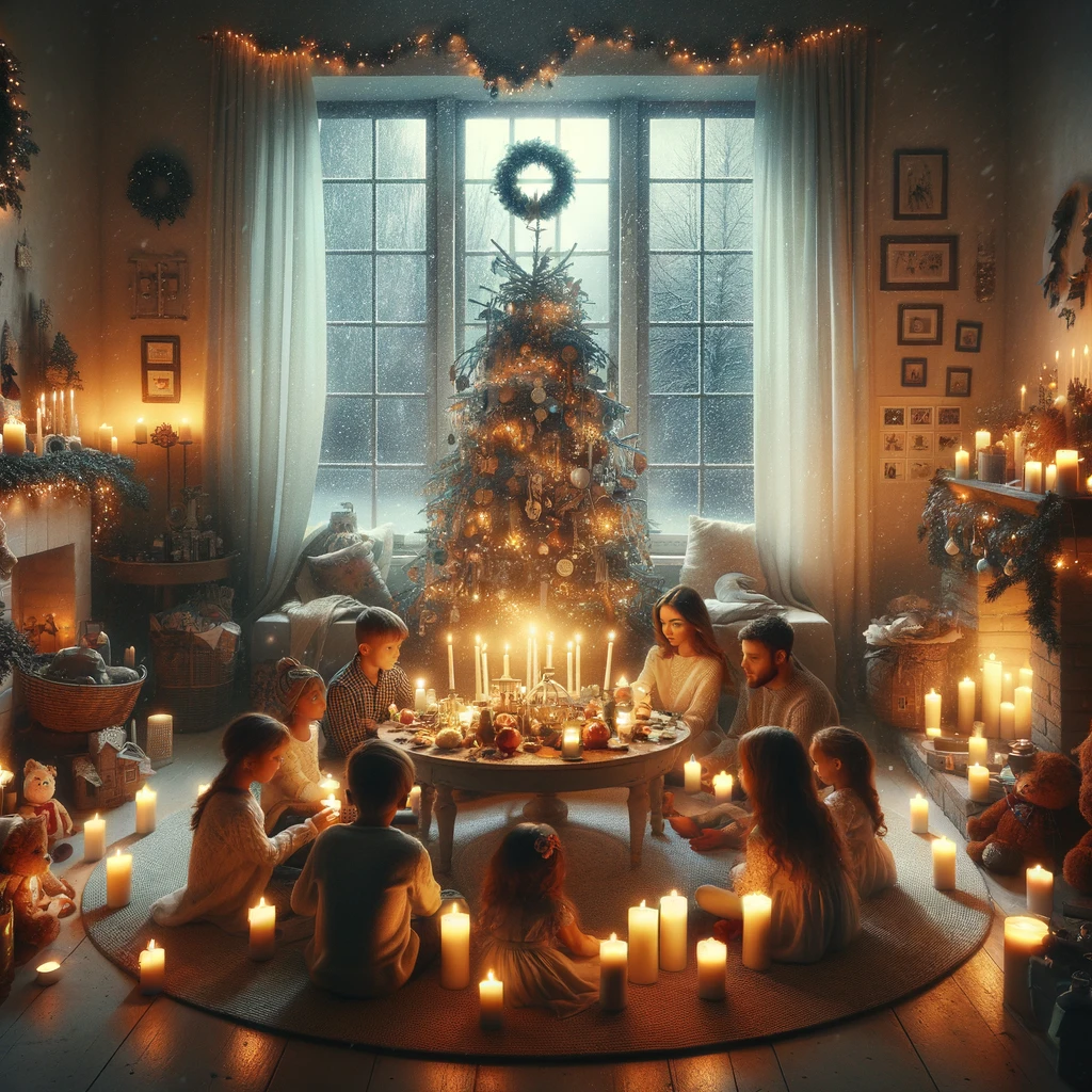 DALL·E 2024-03-11 19.40.04 - A magical Christmas Eve scene where a family participates in a candle-lighting ceremony, reflecting on the year-s memories and expressing hopes for th.webp