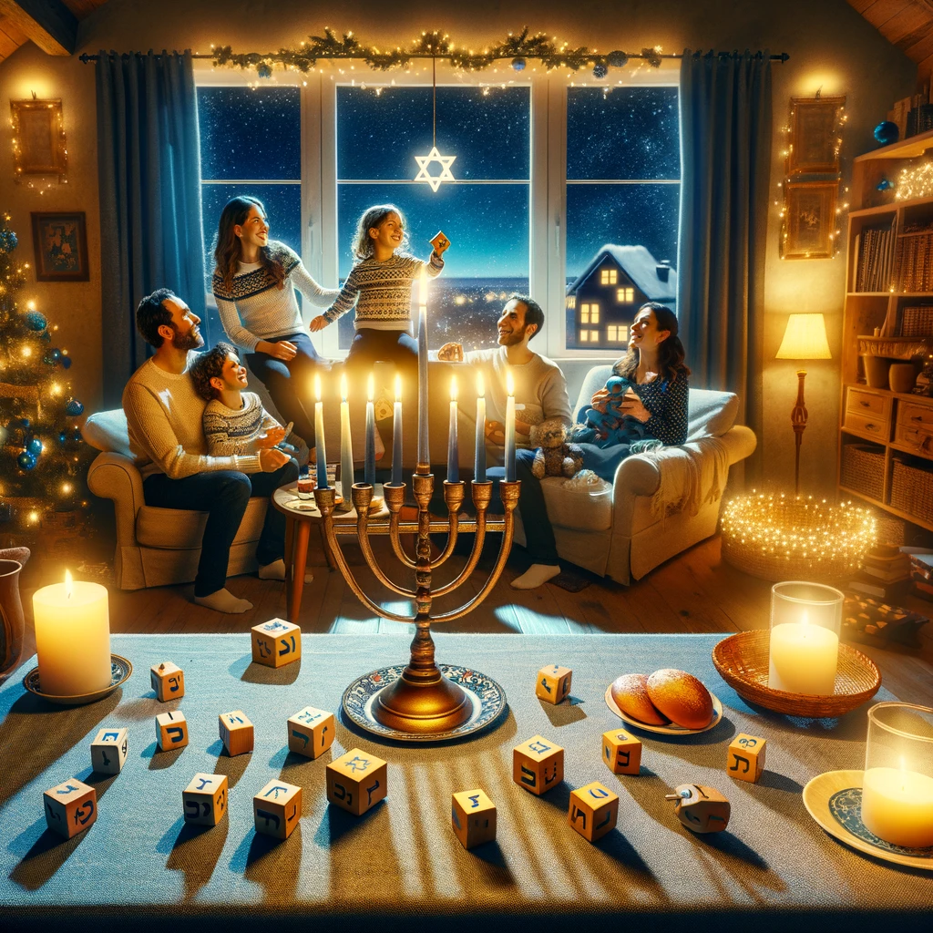 DALL·E 2023-12-20 21.23.03 - A cozy family room during Hanukkah, with a lit menorah on a table, dreidels, and Hanukkah gelt scattered around. In the background, there-s a window w.png