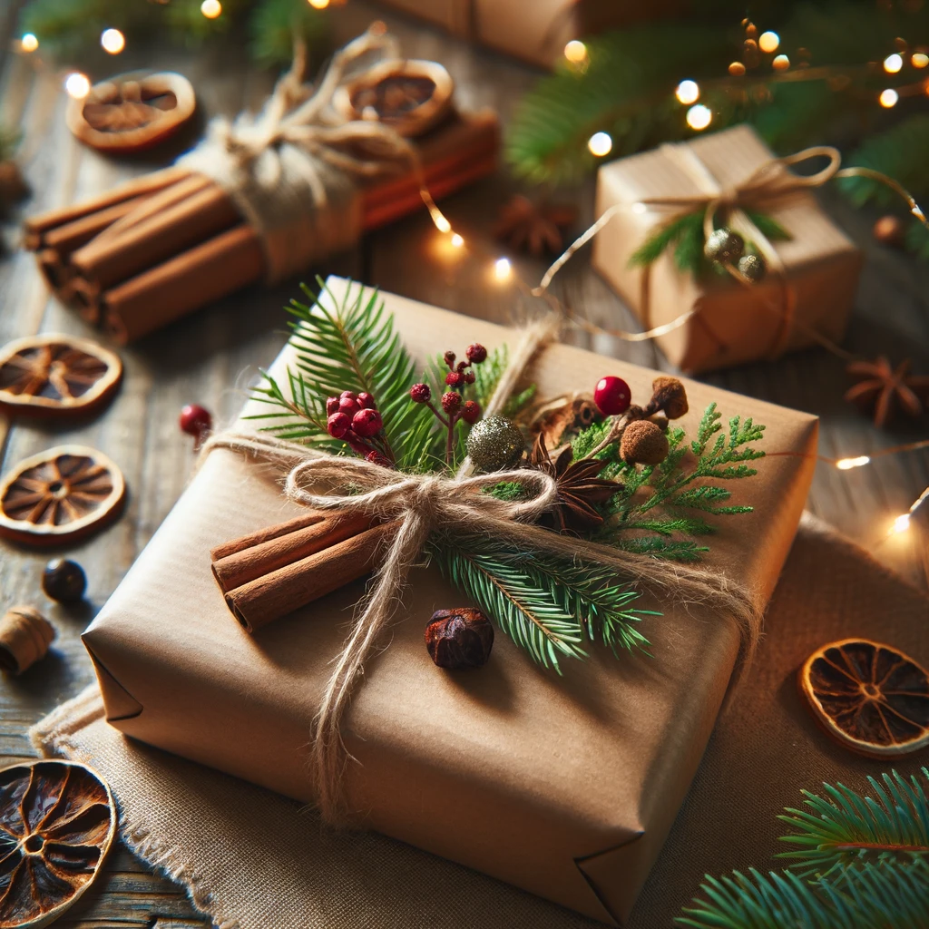 DALL·E 2023-12-18 20.16.55 - Eco-friendly Christmas gift wrapping, with gifts wrapped in recycled brown paper and adorned with natural elements like evergreen sprigs, cinnamon sti.png
