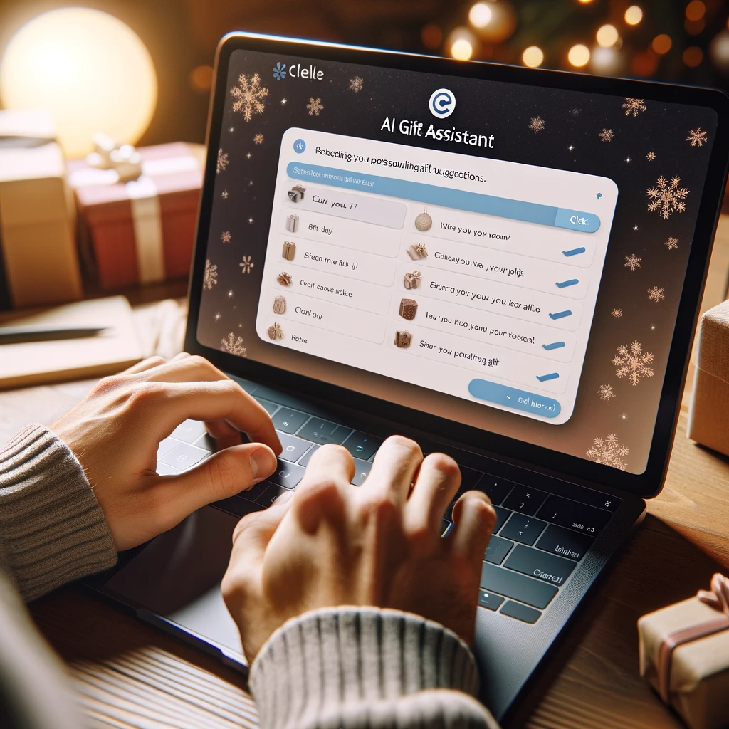 DALL·E 2023-12-17 15.18.02 - A close-up of a person-s hands typing on a laptop, with the screen displaying a user-friendly interface of Cele-s AI Gift Assistant. The interface sho.png