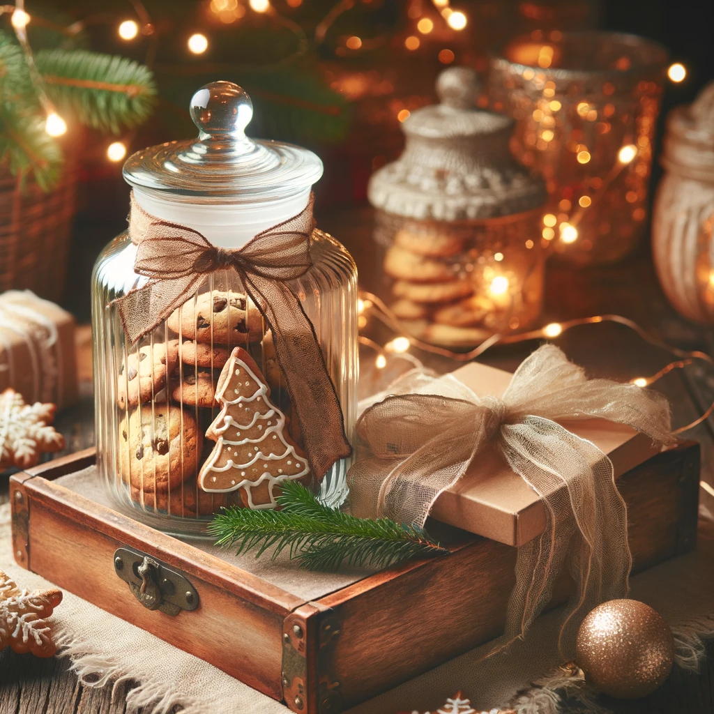 DALL·E 2023-12-18 20.19.04 - A festive and cozy Christmas scene with a decorative glass jar filled with homemade cookies, tied with a ribbon, next to a vintage box used as a gift .png