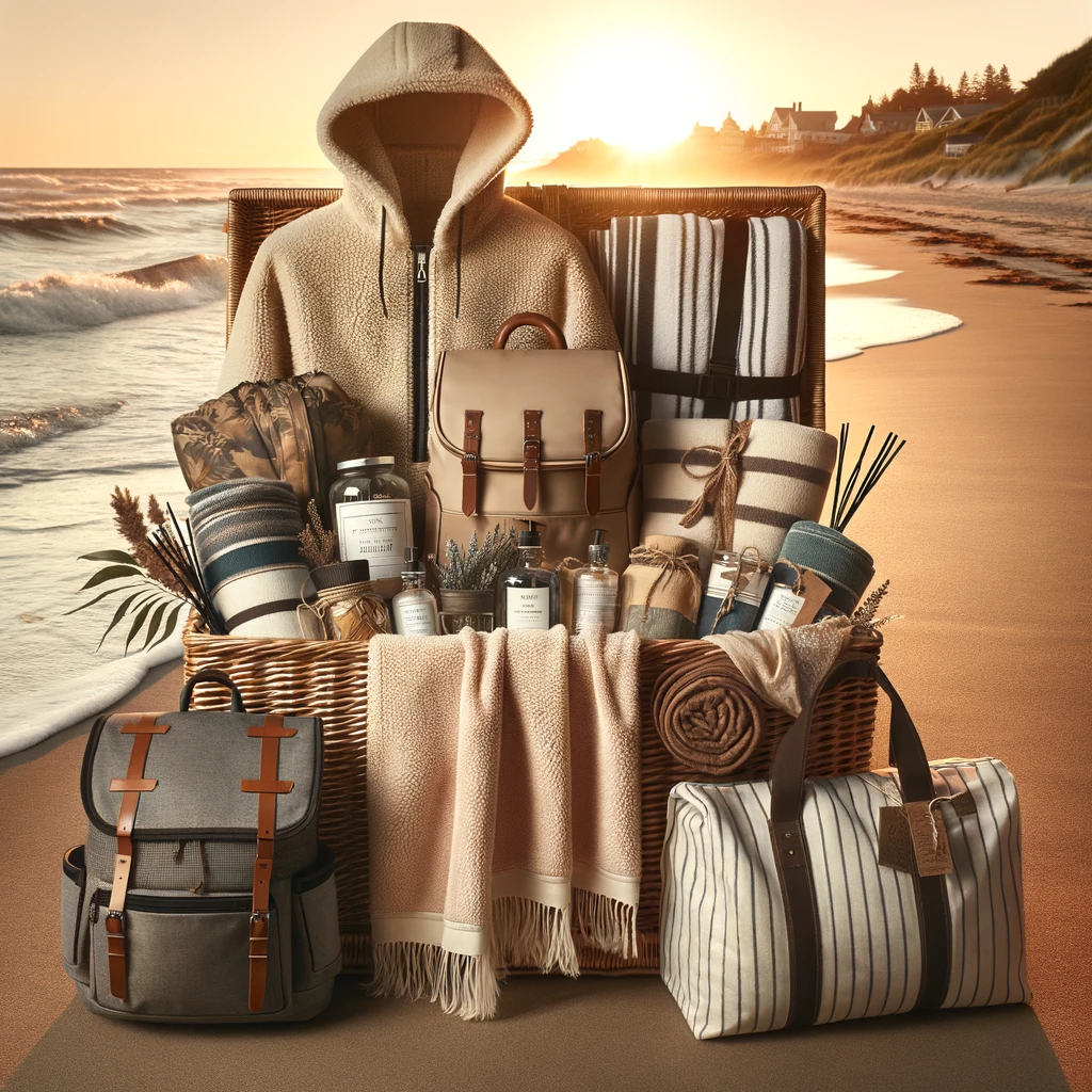 DALL·E 2023-12-25 14.49.22 - A beach-themed gift basket overflowing with items for a perfect day at the shore. The basket includes a stylish roll-top dry backpack, a cozy fleece c.png