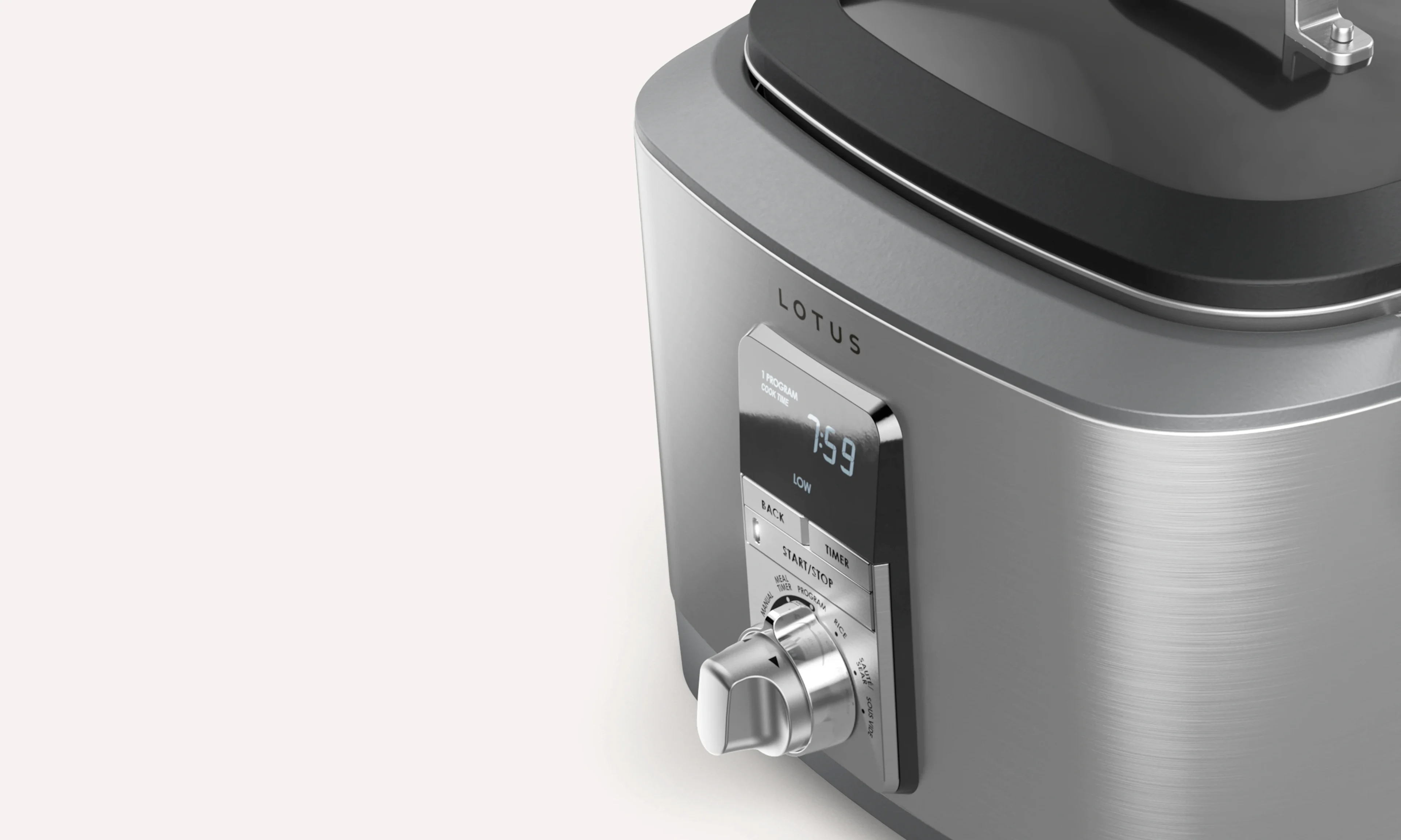 angled close up of the display on the sous™ advanced multi function cooker with tri ply dutch oven model ltssc500