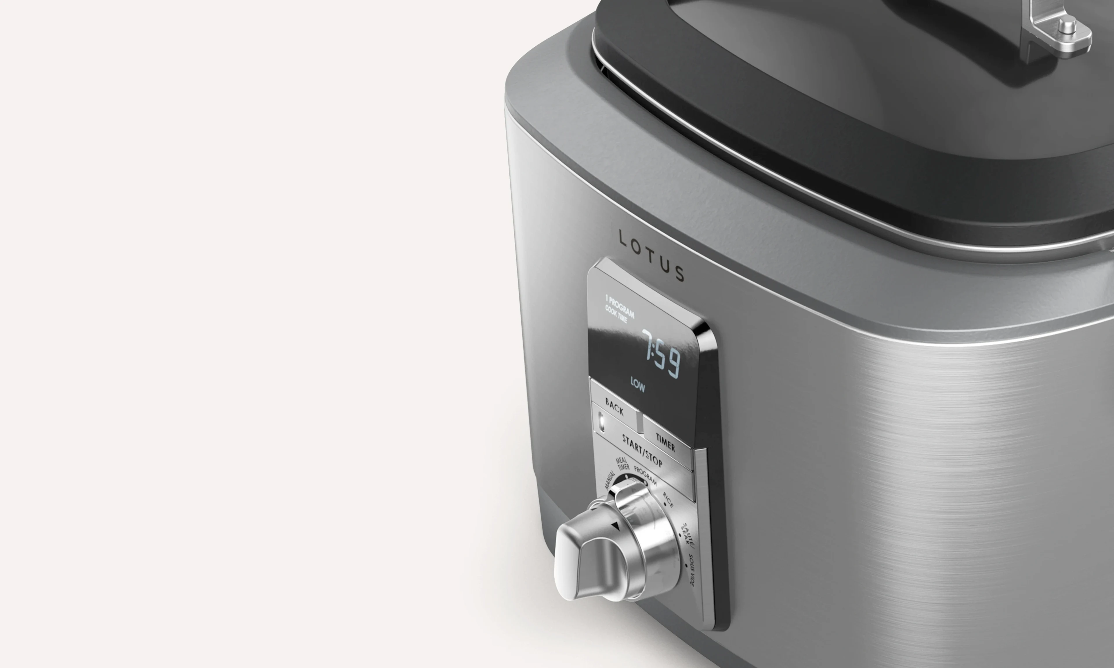angled close up of the display on the sous™ advanced multi function cooker with tri ply dutch oven model ltssc500