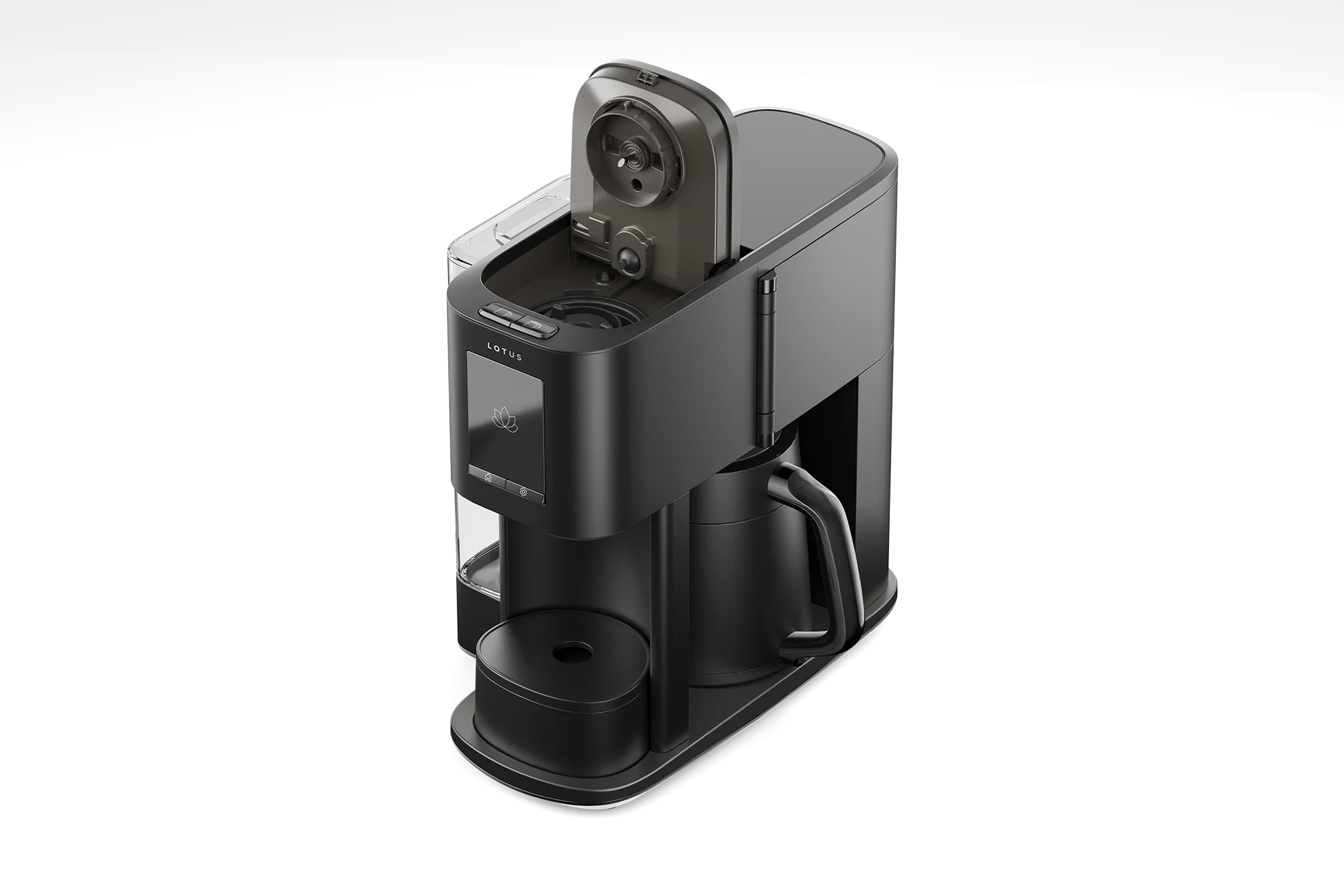 The Ritual coffee system in Obsidian, angled view with the pod compartment open on top.
