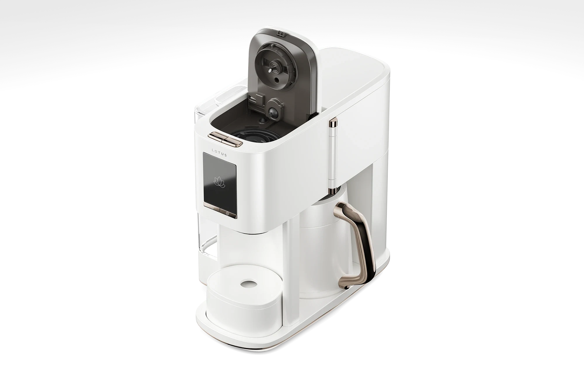 The Ritual coffee system in Alabaster, angled view with the pod compartment open on top