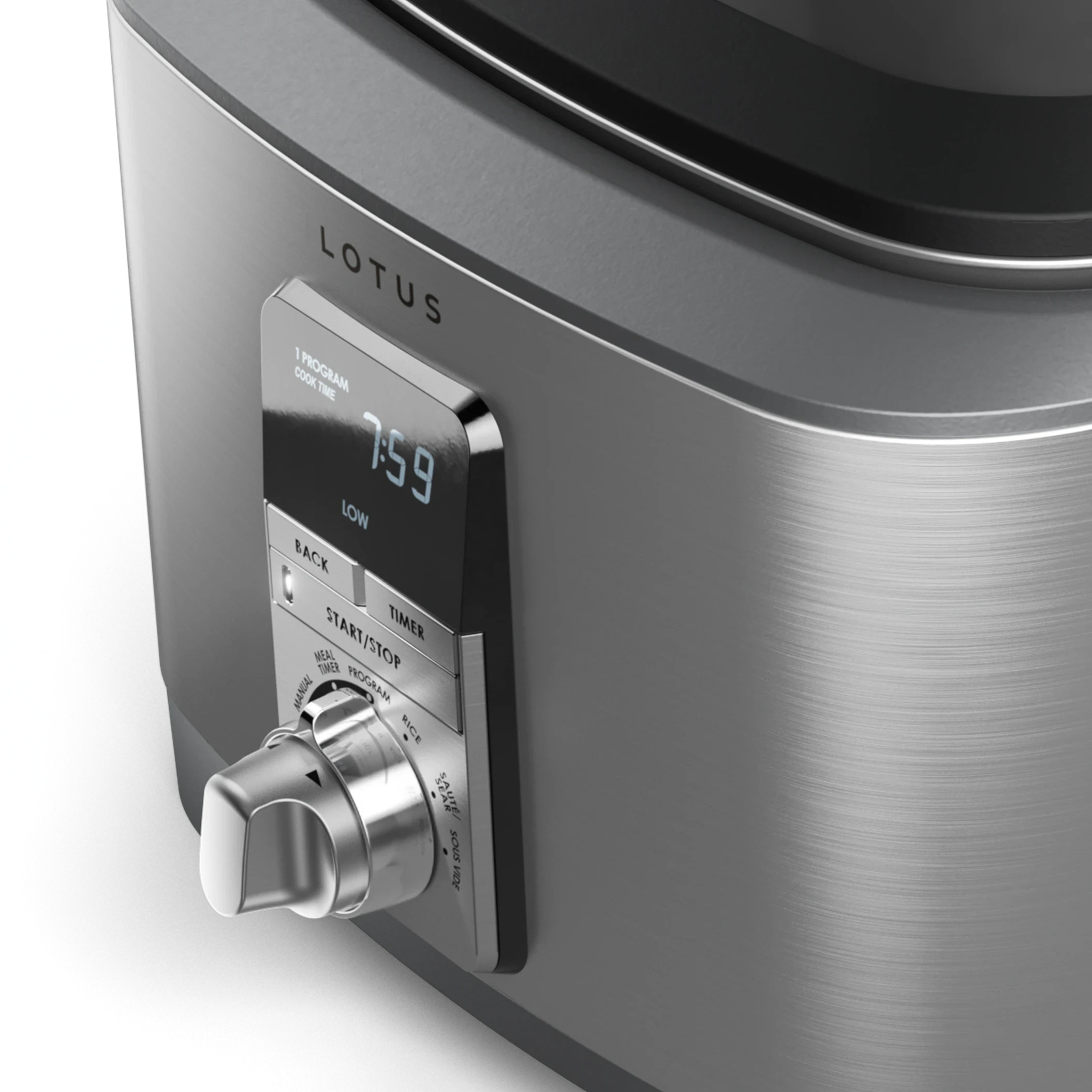 close up of control panel on the sous™ advanced multi function cooker with tri ply dutch oven model ltssc500